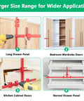 Straight Up No Sweat Cabinet Hardware Jig Kit Featuring 44 And 16 Inch Aluminum Alloy Measuring Rulers on long drawer panel.