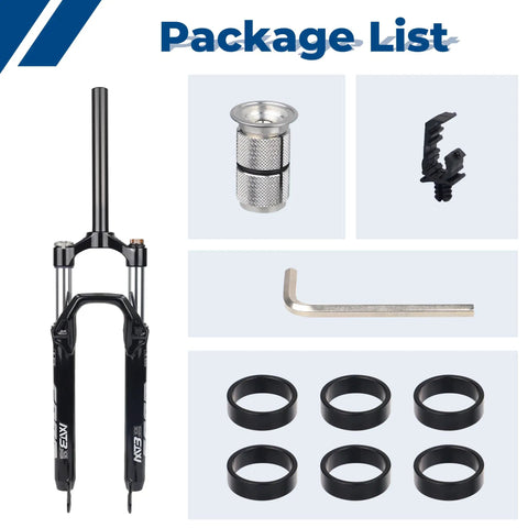 Package contents of Lightweight Aluminum Front Fork For Mountain Bikes With Air Suspension 26 Inch One And One Eighth Straight Threadless Steerer Twenty Eight Point Six Millimeter Disc Brake Ready Durable Alloy Suspension Fork For Trail And Cross Country Rides with spacers, wrench, and components