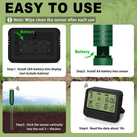 4 In 1 Wireless Soil Tester With Moisture Meter, Thermometer, Sunlight And Time Display installation steps