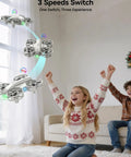 Kids enjoying Mini Drone For Kids With 360 Degree Flips, LED Lights, And Easy Flight Features indoors, showing three speed modes.