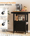 Slick Rolling Kitchen Cart With Microwave Stand And Storage Cabinet And Drawer, Compact Coffee Cart side view with caster wheels.
