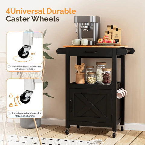 Slick Rolling Kitchen Cart With Microwave Stand And Storage Cabinet And Drawer, Compact Coffee Cart side view with caster wheels.