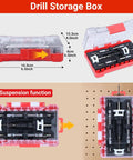 Five Piece Countersink Drill Bit Kit With HSS Tapered Bits, Hex Shank, in transparent red drill storage box