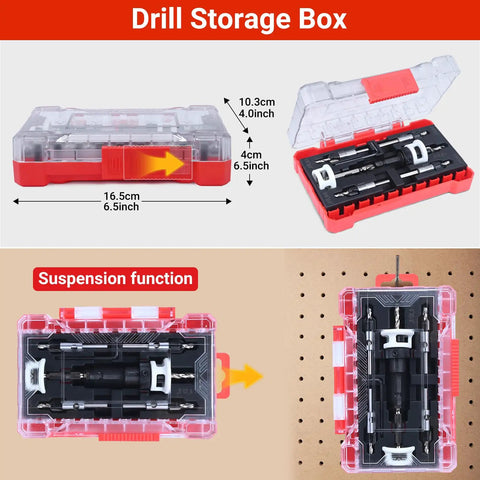 Five Piece Countersink Drill Bit Kit With HSS Tapered Bits, Hex Shank, in transparent red drill storage box