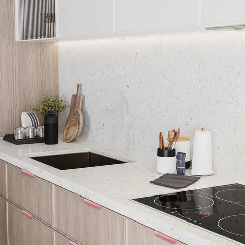 Modern kitchen with Sleek Finger Edge Pull 8 Pack Hidden Drawer Handles, pink aluminum, 150mm on light wood cabinets
