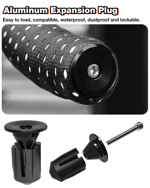 Close-up of aluminum bar plug with road bike handlebar tape with silicone surface and EVA non-slip grip in black.