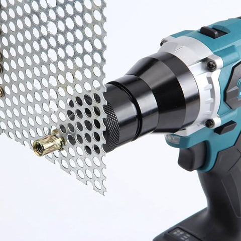 No Strings Attached Heavy Duty Cordless Rivet Gun With 5.2 Ah Battery And Slick LED Light smashes rivet nuts on metal sheet.