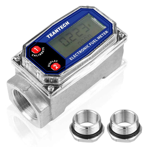 Turbine Flow Meter Three Quarters Inch Digital LCD Display With NPT Connection Portable Fuel Flow Meter For Diesel Kerosene Gasoline Oil Measurement Includes Two Adapters 20 Bar Max