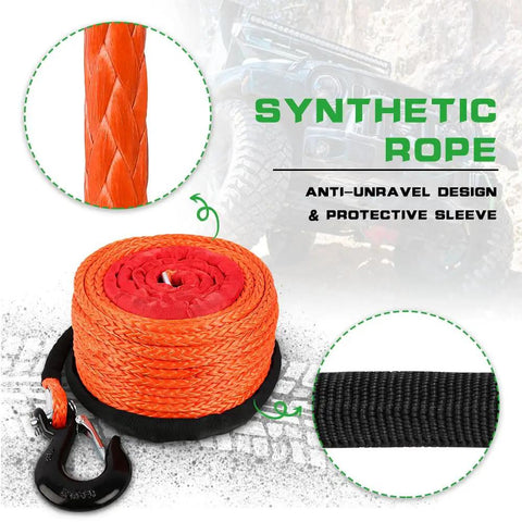 Three Eighths Inch 100 Foot Synthetic Winch Rope 23800 Lb Capacity With Protective Sleeve And Heavy Duty Hook For 4x4 Off Road Jeeps ATVs UTVs And SUVs Orange