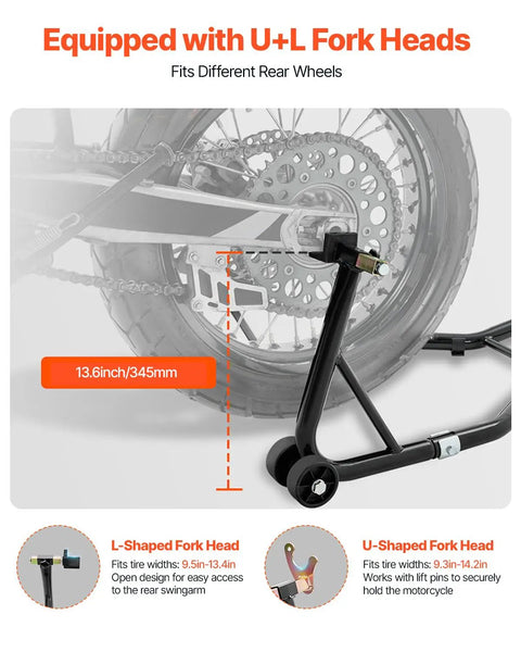 Beefy Rear Motorcycle Wheel Stand With U And L Fork Swingarm Spool Heavy Duty Lift Up To 850 Lbs Stable All Terrain