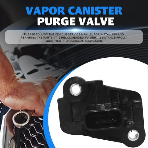 Vapor canister purge valve with installation instructions and vehicle repair background