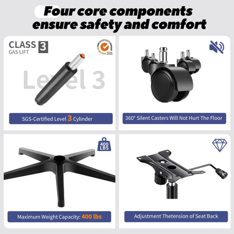 Ergonomic Office Chair With 400 Lb Weight Capacity, parts including gas lift and silent casters displayed