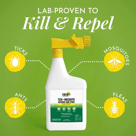 Natural Tick And Mosquito Yard Spray Ready To Use Kid Safe Pet Safe Pollinator Safe Plant Derived With Essential Oils DIY Flea And Tick Control Made In USA 32 Ounces For Outdoor Use Today with pest diagrams on green background.