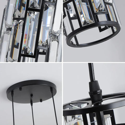Close-up of Three Light Black Crystal Pendant Lighting Fixture For Kitchen Island And Dining Room Modern Industrial Chandelier.