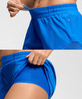 Close-up of Women's Low Rise 2.5 Inch Running Shorts With Built In Liner No Chafe Quick Dry, showing elastic waistband and zip pocket detail.