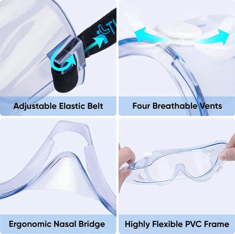 Close-up of Anti-Fog Safety Goggles with adjustable elastic belt and four vents, showcasing ergonomic nasal bridge and flexible PVC frame.