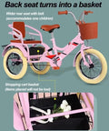 Pink trike with a wider rear seat, basket, suitable for children. Features a back seat that turns into a basket for storage.