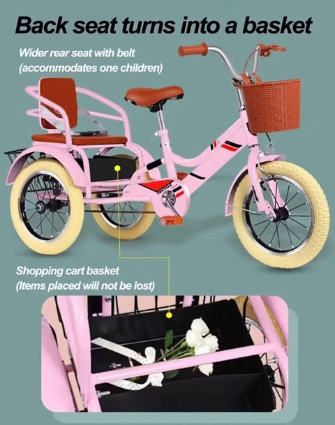 Pink trike with a wider rear seat, basket, suitable for children. Features a back seat that turns into a basket for storage.