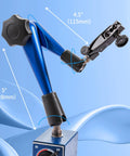 Magnetic base indicator holder with fine adjustment and swivel clamp on a blue arm for dial gauges