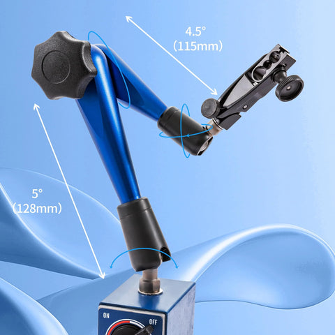 Magnetic base indicator holder with fine adjustment and swivel clamp on a blue arm for dial gauges