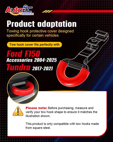 Red Tow Hook Covers for Ford F150 2004-2025, Toyota Tundra 2017-2021, Ford Bronco 2021-2024, built tough diagram view