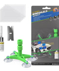 Windshield Chip And Crack Repair Kit With Suction Cup Bracket Glass Repair For Bulls Eye And Star Shaped Cracks Quick Easy DIY Fix For Car Windshield Chips Today, showing suction bracket with green cups, resin, razor, and package.