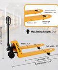 Apollolift Hydraulic Pallet Jack Truck, 5500 Lb Capacity, 27 inch forks, 48 inch length, 3 inch drop, used in warehouse logistics.