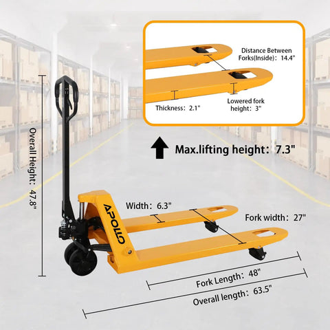 Apollolift Hydraulic Pallet Jack Truck, 5500 Lb Capacity, 27 inch forks, 48 inch length, 3 inch drop, used in warehouse logistics.