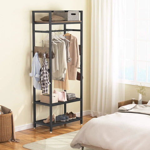 Robust Set Of 10 Heavy Duty Clothes Rack With Shelf And Hanging Rod in compact bedroom with clothes, shoes, and storage baskets.