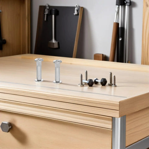Rock Solid 100 Piece Pack M6 Cabinet Panel Binding Bolts for Furniture Assembly Made From Cold Rolled Steel displayed on a work surface.