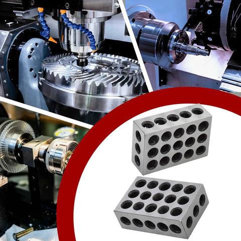 1 X 2 X 3 Inch Hardened Steel Machinist Blocks Matched Pair With 23 Holes Precision Ground On All Sides For Accurate Squareness Beefy Milling Setup Blocks Built Tough For Reliable Long Lasting Accuracy. Pair of hardened steel machinist blocks with 23 holes shown in milling and lathe setup