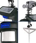 Collage of Motion Activated Yard Sprinkler System For Deer And Cat Deterrence with solar panel, nozzle, and steel stake detail