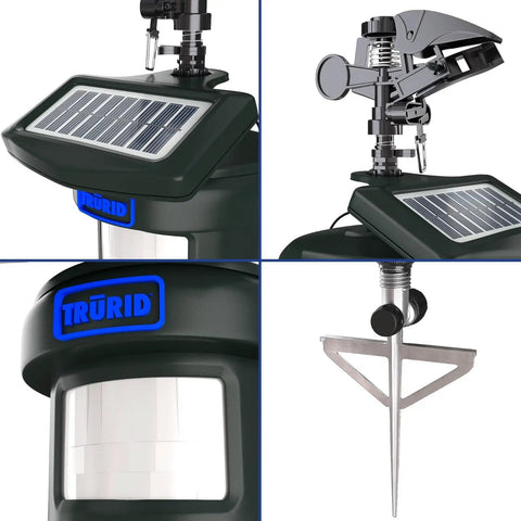 Collage of Motion Activated Yard Sprinkler System For Deer And Cat Deterrence with solar panel, nozzle, and steel stake detail