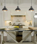 Industrial Silver Brushed Pendant Light With Top Cutouts For Kitchen Island Dining Room And Bedroom, shown in modern kitchen