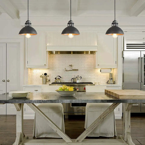 Industrial Silver Brushed Pendant Light With Top Cutouts For Kitchen Island Dining Room And Bedroom, shown in modern kitchen
