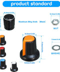 Close-up of aluminum alloy knob set and components from Roller Linear Potentiometer Kit With 120 Pcs Including WH148 B5K 10K 20K 50K 100K Ohm Variants And Five Knob Repair Kits In Plastic And Aluminum For Do It Yourself Electronics Projects And Repairs.