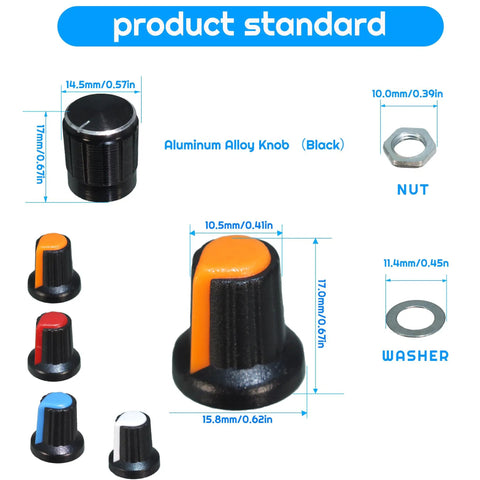 Close-up of aluminum alloy knob set and components from Roller Linear Potentiometer Kit With 120 Pcs Including WH148 B5K 10K 20K 50K 100K Ohm Variants And Five Knob Repair Kits In Plastic And Aluminum For Do It Yourself Electronics Projects And Repairs.