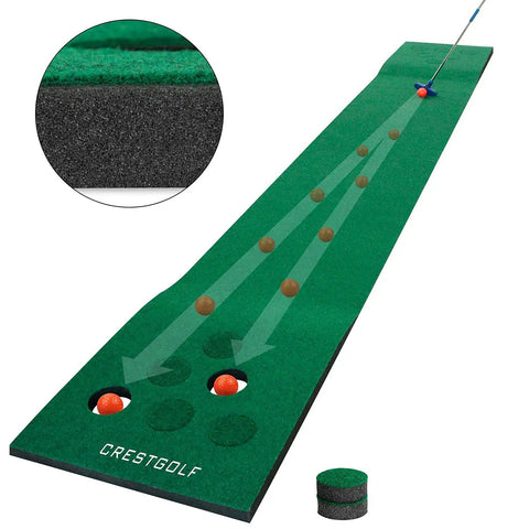 Putting Mat Golf Set With Two Adjustable Putters Six Golf Balls Twelve Hole Covers For Indoor And Outdoor Short Game Office Party Backyard And Portable Practice with green surface and hole cutouts