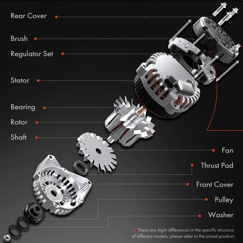 Exploded view of alternator compatible with Subaru Forester 1999 to 2002 and Impreza 1999 to 2001 12V 75A clockwise rotation five groove pulley