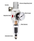 Front view of Air Filter Regulator Combo With Auto Drain For Pneumatic Systems, 5 Micron Brass Element, Poly Bowl, Metal Bracket.