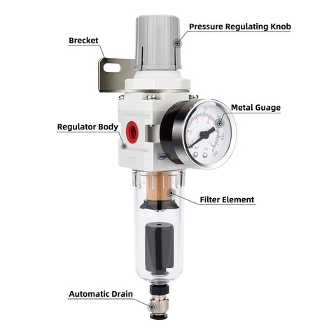 Front view of Air Filter Regulator Combo With Auto Drain For Pneumatic Systems, 5 Micron Brass Element, Poly Bowl, Metal Bracket.