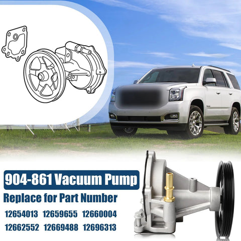 B.ZSSY 904-861 vacuum pump; side view, silver body with brass inlet and belt pulley for GM Suburban/Tahoe/Yukon.