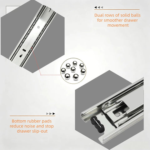 Slick Side Mount Drawer Slides Three Section Full Extension Cabinet Rails Beefy Alloy Steel Build with rubber pads and ball bearings.