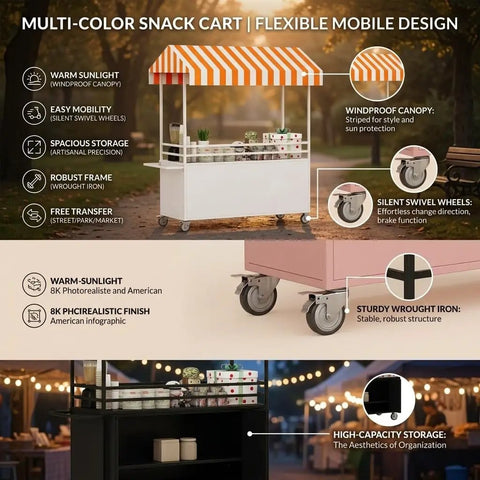 Dead On Mobile Food Cart With Retro Striped Awning And Slick Rolling Wheels For Street Vendors Portable Snack Stand with Canopy and Storage.