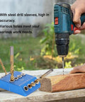 Pro Grade Multi Angle Drill Guide Jig For Precise 30 45 90 Degree Holes in use with power drill on wood.