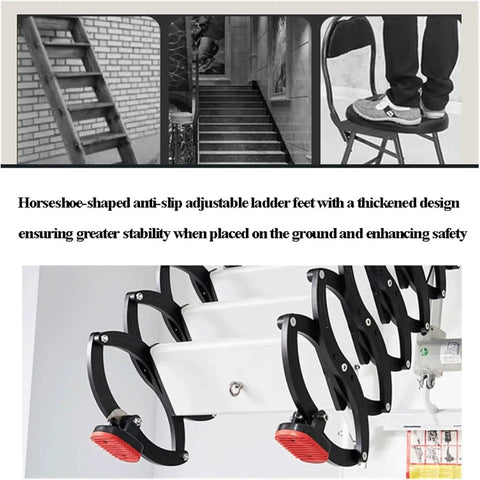 Heavy Duty Electric Telescoping Attic Ladder Pull Down From Ceiling With Remote Control safety features with anti-slip feet for stability.