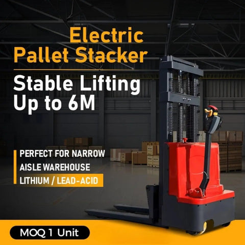 Compact Electric Pallet Stacker Forklift For Smooth Warehouse Moves. Electric pallet stacker with stable lifting up to 6M in a warehouse.