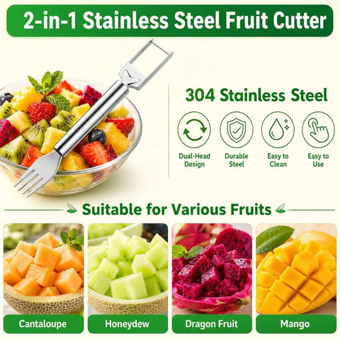 2-In-1 Watermelon Fork Cutter With Dual Head Knife And Fork, stainless steel beside fruit salad in bowl.
