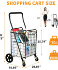 Go-To Grocery Cart With 360 Degree Swivel Front Wheels And 100 Lb Capacity, showing dimensions and load capacity in black.