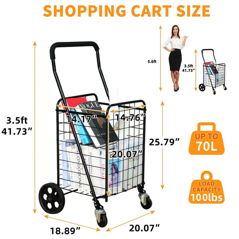 Go-To Grocery Cart With 360 Degree Swivel Front Wheels And 100 Lb Capacity, showing dimensions and load capacity in black.